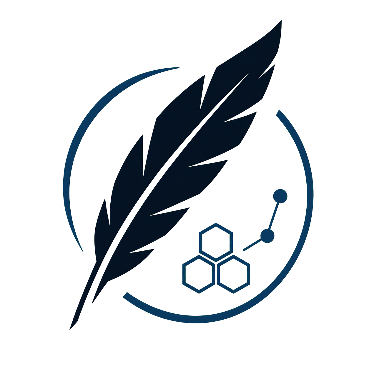 Feather River Labs feather, circle, hexagon, and molecular mark